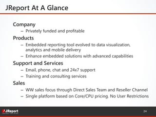 Company
–  Privately funded and profitable
Products
–  Embedded reporting tool evolved to data visualization,
analytics and mobile delivery
–  Enhance embedded solutions with advanced capabilities
Support and Services
–  Email, phone, chat and 24x7 support
–  Training and consulting services
Sales
–  WW sales focus through Direct Sales Team and Reseller Channel
–  Single platform based on Core/CPU pricing. No User Restrictions
JReport At A Glance
24
 