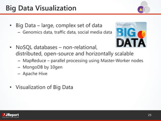 •  Big Data – large, complex set of data
–  Genomics data, traffic data, social media data
•  NoSQL databases – non-relational,
distributed, open-source and horizontally scalable
–  MapReduce – parallel processing using Master-Worker nodes
–  MongoDB by 10gen
–  Apache Hive
•  Visualization of Big Data
ABig Data Visualization
25
 
