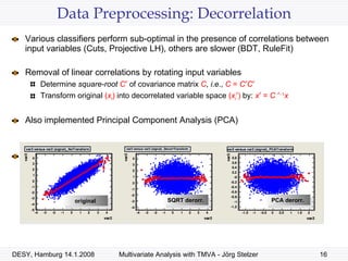Data Preprocessing: Decorrelation Various classifiers perform sub-optimal in the presence of correlations between input variables (Cuts, Projective LH), others are slower (BDT, RuleFit) Removal of linear correlations by rotating input variables Determine  square-root   C    of covariance matrix   C ,  i . e .,   C  =  C  C  Transform original   ( x i )   into decorrelated variable space   ( x i  )   by:   x   =  C    1 x   Also implemented Principal Component Analysis (PCA) Note that decorrelation is only complete, if Correlations are linear Input variables are Gaussian distributed Not very accurate conjecture in general original SQRT derorr. PCA derorr. 
