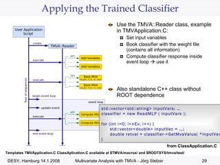 Applying the Trained Classifier Use the TMVA::Reader class, example in TMVApplication.C: Set input variables Book classifier with the weight file (contains all information) Compute classifier response inside event loop    use it Also standalone C++ class without ROOT dependence Templates TMVApplication.C ClassAplication.C available at $TMVA/macros/ and $ROOTSYS/tmva/test/ std::vector<std::string> inputVars; … classifier = new ReadMLP ( inputVars );  for (int i=0; i<nEv; i++) { std::vector<double> inputVec = …; double retval = classifier->GetMvaValue( *inputVec ); } from ClassApplication.C 