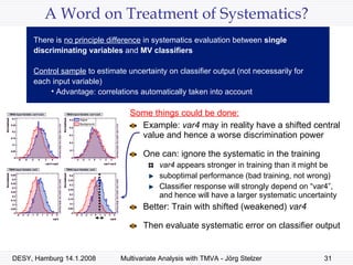 A Word on Treatment of Systematics? Some things could be done: Example:  var4  may in reality have a shifted central value and hence a worse discrimination power One can: ignore the systematic in the training var4  appears stronger in training than it might be suboptimal performance (bad training, not wrong) Classifier response will strongly depend on “var4”, and hence will have a larger systematic uncertainty Better: Train with shifted (weakened)  var4 Then evaluate systematic error on classifier output There is  no principle difference  in systematics evaluation between  single discriminating variables  and  MV classifiers   Control sample  to estimate uncertainty on classifier output (not necessarily for each input variable) Advantage: correlations automatically taken into account 
