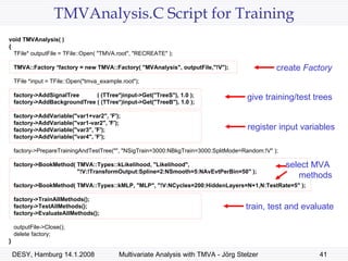 TMVAnalysis.C Script for Training void TMVAnalysis( )  {   TFile* outputFile = TFile::Open( "TMVA.root", "RECREATE" );   TMVA::Factory *factory = new TMVA::Factory( "MVAnalysis", outputFile,"!V");    TFile *input = TFile::Open("tmva_example.root");   factory->AddSignalTree  ( (TTree*)input->Get("TreeS"), 1.0 );   factory->AddBackgroundTree ( (TTree*)input->Get("TreeB"), 1.0 );   factory->AddVariable("var1+var2", 'F');   factory->AddVariable("var1-var2", 'F');   factory->AddVariable("var3", 'F');   factory->AddVariable("var4", 'F');   factory->PrepareTrainingAndTestTree("", "NSigTrain=3000:NBkgTrain=3000:SplitMode=Random:!V" );     factory->BookMethod( TMVA::Types::kLikelihood, "Likelihood",  "!V:!TransformOutput:Spline=2:NSmooth=5:NAvEvtPerBin=50" );    factory->BookMethod( TMVA::Types::kMLP, "MLP", "!V:NCycles=200:HiddenLayers=N+1,N:TestRate=5" );   factory->TrainAllMethods();   factory->TestAllMethods();   factory->EvaluateAllMethods();      outputFile->Close();   delete factory; } create  Factory give training/test trees register input variables train, test and evaluate select MVA methods  
