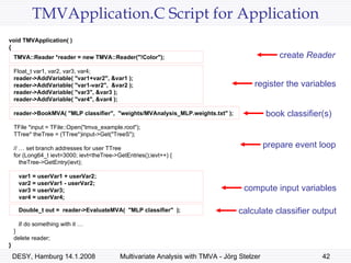 TMVApplication.C Script for Application void TMVApplication( )  {   TMVA::Reader *reader = new TMVA::Reader("!Color");    Float_t var1, var2, var3, var4;   reader->AddVariable( "var1+var2", &var1 );   reader->AddVariable( "var1-var2",  &var2 );   reader->AddVariable( "var3", &var3 );   reader->AddVariable( "var4", &var4 );   reader->BookMVA( "MLP classifier",  "weights/MVAnalysis_MLP.weights.txt" );   TFile *input = TFile::Open("tmva_example.root");   TTree* theTree = (TTree*)input->Get("TreeS");   // … set branch addresses for user TTree   for (Long64_t ievt=3000; ievt<theTree->GetEntries();ievt++) {   theTree->GetEntry(ievt);   var1 = userVar1 + userVar2;   var2 = userVar1 - userVar2;   var3 = userVar3;   var4 = userVar4;   Double_t out =  reader->EvaluateMVA(  "MLP classifier"  ); //  do something with it … }   delete reader; }  register the variables book classifier(s) prepare event loop  compute input variables calculate classifier output create  Reader 
