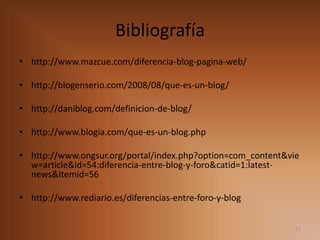 Bibliografíahttp://www.mazcue.com/diferencia-blog-pagina-web/http://blogenserio.com/2008/08/que-es-un-blog/http://daniblog.com/definicion-de-blog/http://www.blogia.com/que-es-un-blog.phphttp://www.ongsur.org/portal/index.php?option=com_content&view=article&id=54:diferencia-entre-blog-y-foro&catid=1:latest-news&Itemid=56http://www.rediario.es/diferencias-entre-foro-y-blog17