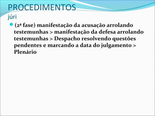 PROCEDIMENTOS
júri

(2ª fase) manifestação da acusação arrolando

testemunhas > manifestação da defesa arrolando
testemunhas > Despacho resolvendo questões
pendentes e marcando a data do julgamento >
Plenário

 