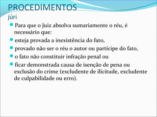 PROCEDIMENTOS
júri

Para que o Juiz absolva sumariamente o réu, é

necessário que:
esteja provada a inexistência do fato,
provado não ser o réu o autor ou partícipe do fato,
o fato não constituir infração penal ou
ficar demonstrada causa de isenção de pena ou
exclusão do crime (excludente de ilicitude, excludente
de culpabilidade ou erro).

 