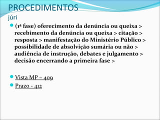 PROCEDIMENTOS
júri

(1ª fase) oferecimento da denúncia ou queixa >

recebimento da denúncia ou queixa > citação >
resposta > manifestação do Ministério Público >
possibilidade de absolvição sumária ou não >
audiência de instrução, debates e julgamento >
decisão encerrando a primeira fase >

Vista MP – 409
Prazo - 412

 