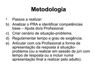 Metodologia Passos a realizar: Analizar o PRA e identificar competências base – Ajuda do/a Profissional. Criar cenário de situação-problema. Regulamentar tempo e grau de exigência. Articular com o/a Profissional a forma de apresentação da resposta à situação-problema (ou a realizar em sessão de júri com tempo de resposta ou a incluir numa apresentação final a realizar pelo adulto). 