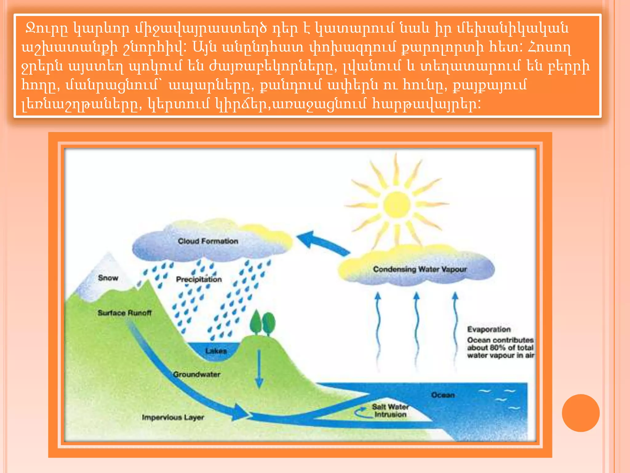 Ջուրը կարևոր միջավայրաստեղծ դեր է կատարում նաև իր մեխանիկական
աշխատանքի շնորհիվ: Այն անընդհատ փոխազդում քարոլորտի հետ: Հոսող
ջրերն այստեղ պոկում են ժայռաբեկորները, լվանում և տեղատարում են բերրի
հողը, մանրացնում` ապարները, քանդում ափերն ու հունը, քայքայում
լեռնաշղթաները, կերտում կիրճեր,առաջացնում հարթավայրեր:
 