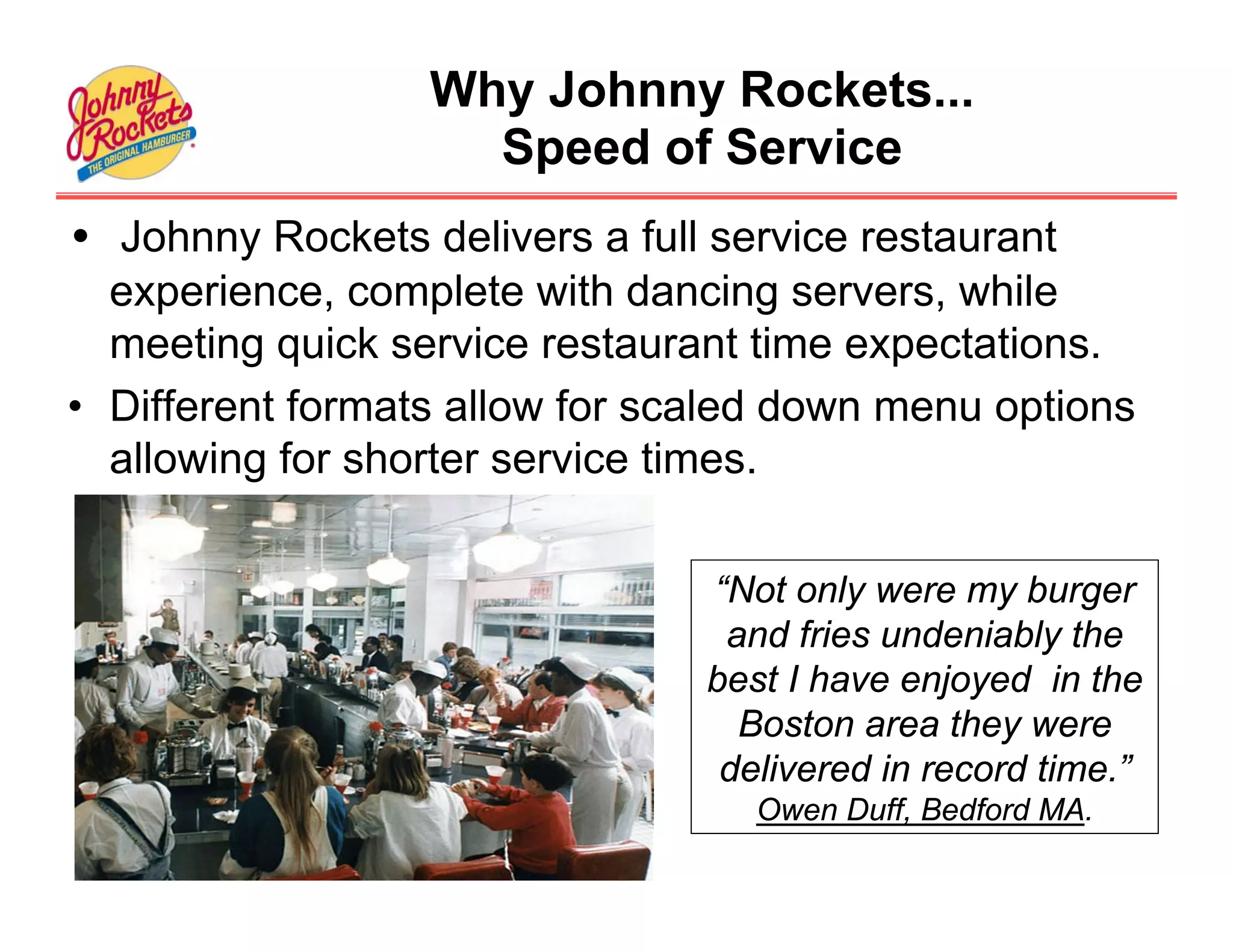 Why Johnny Rockets...
                    Speed of Service
• Johnny Rockets delivers a full service restaurant
  experience, complete with dancing servers, while
  meeting quick service restaurant time expectations.
• Different formats allow for scaled down menu options
  allowing for shorter service times.

                                “Not only were my burger
                                 and fries undeniably the
                                best I have enjoyed in the
                                  Boston area they were
                                 delivered in record time.”
                                   Owen Duff, Bedford MA.
 