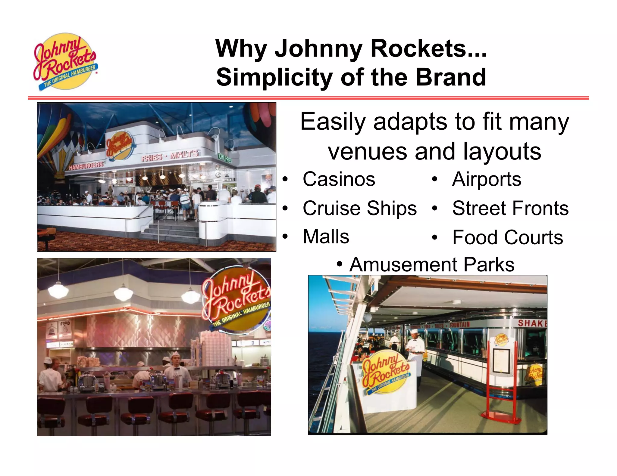 Why Johnny Rockets...
Simplicity of the Brand
       Easily adapts to fit many
         venues and layouts
     • Casinos      • Airports
     • Cruise Ships • Street Fronts
     • Malls        • Food Courts
          • Amusement Parks
 