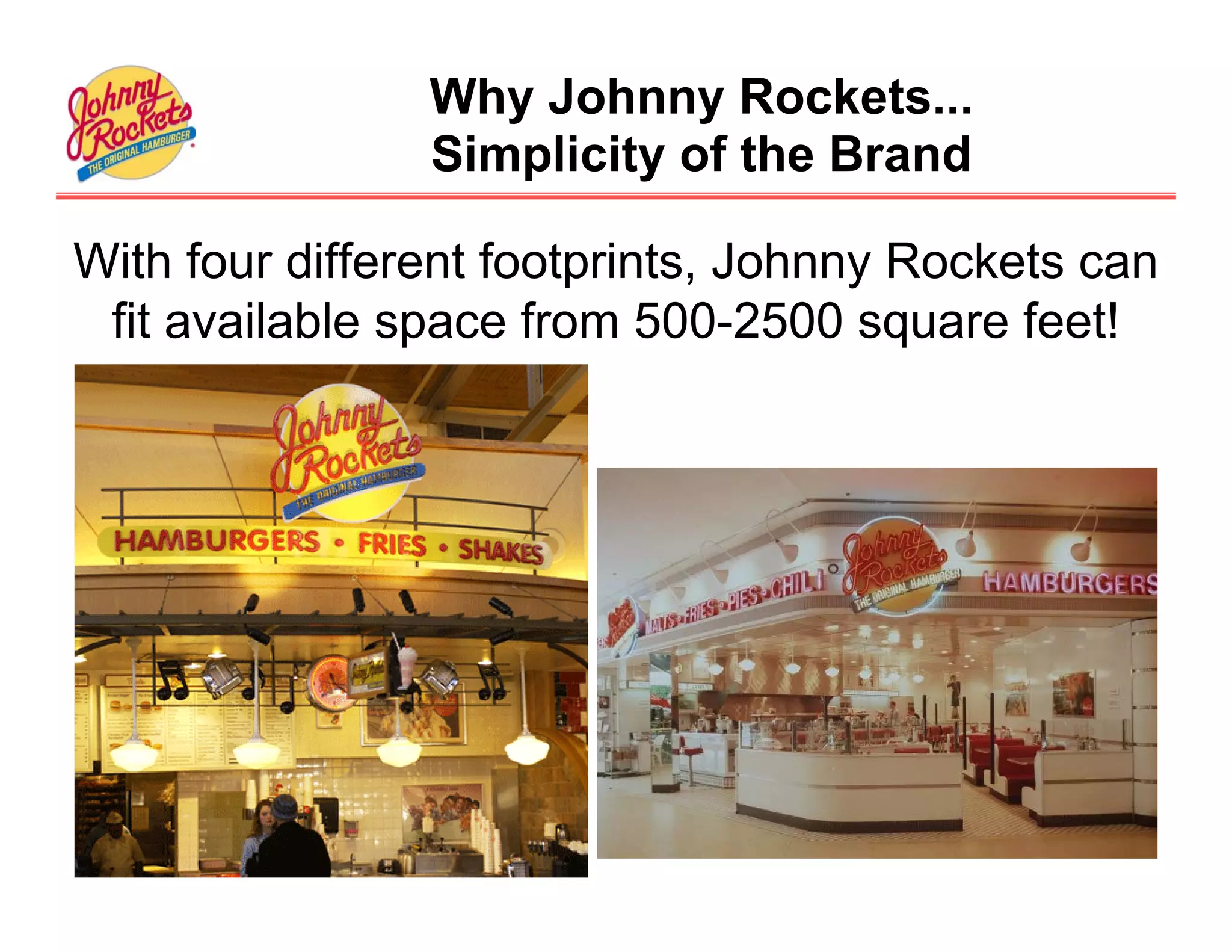 Why Johnny Rockets...
                Simplicity of the Brand

With four different footprints, Johnny Rockets can
 fit available space from 500-2500 square feet!
 