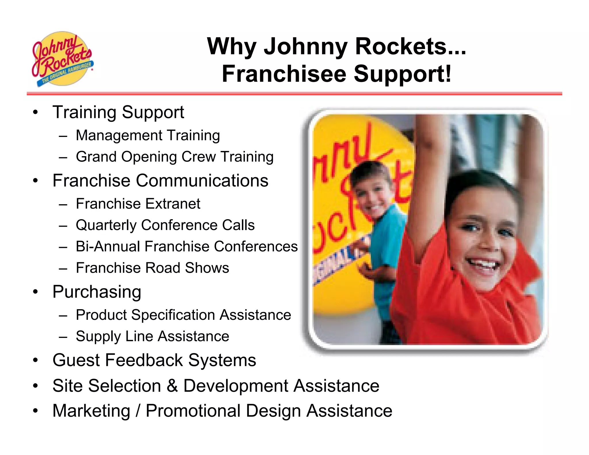 Why Johnny Rockets...
                          Franchisee Support!
• Training Support
   – Management Training
   – Grand Opening Crew Training
• Franchise Communications
   –   Franchise Extranet
   –   Quarterly Conference Calls
   –   Bi-Annual Franchise Conferences
   –   Franchise Road Shows
• Purchasing
   – Product Specification Assistance
   – Supply Line Assistance
• Guest Feedback Systems
• Site Selection & Development Assistance
• Marketing / Promotional Design Assistance
 