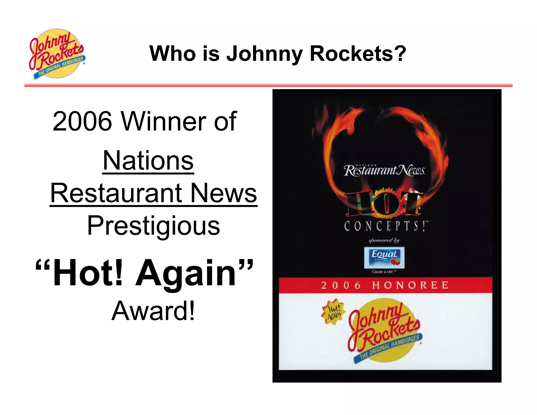Who is Johnny Rockets?


2006 Winner of
    Nations
Restaurant News
  Prestigious
“Hot! Again”
    Award!
 