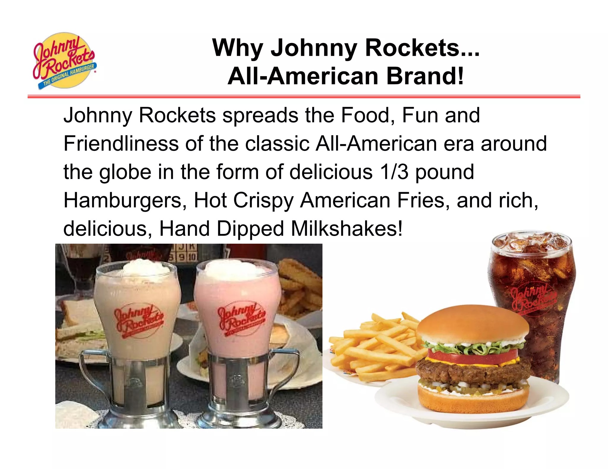 Why Johnny Rockets...
                All-American Brand!
Johnny Rockets spreads the Food, Fun and
Friendliness of the classic All-American era around
the globe in the form of delicious 1/3 pound
Hamburgers, Hot Crispy American Fries, and rich,
delicious, Hand Dipped Milkshakes!
 