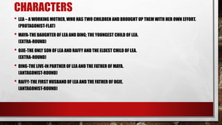 CHARACTERS
• LEA – A WORKING MOTHER, WHO HAS TWO CHILDREN AND BROUGHT UP THEM WITH HER OWN EFFORT.
(PROTAGONIST-FLAT)
• MAYA-THE DAUGHTER OF LEA AND DING; THE YOUNGEST CHILD OF LEA.
(EXTRA-ROUND)
• OJIE-THE ONLY SON OF LEA AND RAFFY AND THE ELDEST CHILD OF LEA.
(EXTRA-ROUND)
• DING-THE LIVE-IN PARTNER OF LEA AND THE FATHER OF MAYA.
(ANTAGONIST-ROUND)
• RAFFY-THE FIRST HUSBAND OF LEA AND THE FATHER OF OGIE.
(ANTAGONIST-ROUND)
 