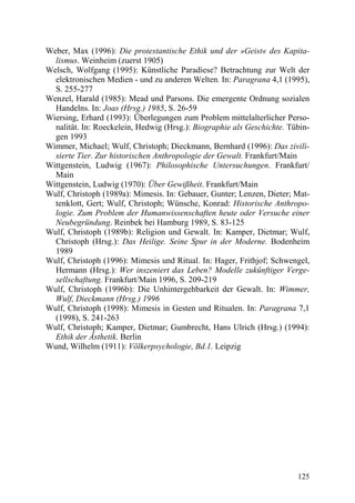Weber, Max (1996): Die protestantische Ethik und der »Geist« des Kapita-
  lismus. Weinheim (zuerst 1905)
Welsch, Wolfgang (1995): Künstliche Paradiese? Betrachtung zur Welt der
  elektronischen Medien - und zu anderen Welten. In: Paragrana 4,1 (1995),
  S. 255-277
Wenzel, Harald (1985): Mead und Parsons. Die emergente Ordnung sozialen
  Handelns. In: Joas (Hrsg.) 1985, S. 26-59
Wiersing, Erhard (1993): Überlegungen zum Problem mittelalterlicher Perso-
  nalität. In: Roeckelein, Hedwig (Hrsg.): Biographie als Geschichte. Tübin-
  gen 1993
Wimmer, Michael; Wulf, Christoph; Dieckmann, Bernhard (1996): Das zivili-
  sierte Tier. Zur historischen Anthropologie der Gewalt. Frankfurt/Main
Wittgenstein, Ludwig (1967): Philosophische Untersuchungen. Frankfurt/
  Main
Wittgenstein, Ludwig (1970): Über Gewißheit. Frankfurt/Main
Wulf, Christoph (1989a): Mimesis. In: Gebauer, Gunter; Lenzen, Dieter; Mat-
  tenklott, Gert; Wulf, Christoph; Wünsche, Konrad: Historische Anthropo-
  logie. Zum Problem der Humanwissenschaften heute oder Versuche einer
  Neubegründung. Reinbek bei Hamburg 1989, S. 83-125
Wulf, Christoph (1989b): Religion und Gewalt. In: Kamper, Dietmar; Wulf,
  Christoph (Hrsg.): Das Heilige. Seine Spur in der Moderne. Bodenheim
  1989
Wulf, Christoph (1996): Mimesis und Ritual. In: Hager, Frithjof; Schwengel,
  Hermann (Hrsg.): Wer inszeniert das Leben? Modelle zukünftiger Verge-
  sellschaftung. Frankfurt/Main 1996, S. 209-219
Wulf, Christoph (1996b): Die Unhintergehbarkeit der Gewalt. In: Wimmer,
  Wulf, Dieckmann (Hrsg.) 1996
Wulf, Christoph (1998): Mimesis in Gesten und Ritualen. In: Paragrana 7,1
  (1998), S. 241-263
Wulf, Christoph; Kamper, Dietmar; Gumbrecht, Hans Ulrich (Hrsg.) (1994):
  Ethik der Ästhetik. Berlin
Wund, Wilhelm (1911): Völkerpsychologie, Bd.1. Leipzig




                                                                        125
 
