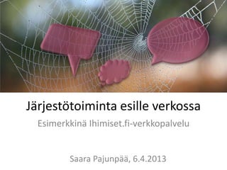 Järjestötoiminta esille verkossa
  Esimerkkinä Ihimiset.fi-verkkopalvelu


         Saara Pajunpää, 6.4.2013
 