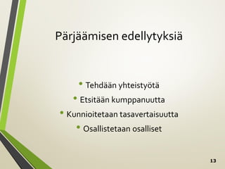 13
Pärjäämisen edellytyksiä
• Tehdään yhteistyötä
• Etsitään kumppanuutta
• Kunnioitetaan tasavertaisuutta
• Osallistetaan osalliset
 