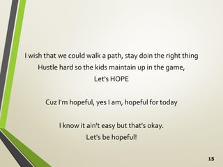 15
I wish that we could walk a path, stay doin the right thing
Hustle hard so the kids maintain up in the game,
Let's HOPE
Cuz I'm hopeful, yes I am, hopeful for today
I know it ain't easy but that's okay.
Let's be hopeful!
 