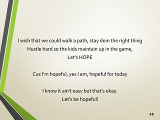 16
I wish that we could walk a path, stay doin the right thing
Hustle hard so the kids maintain up in the game,
Let's HOPE
Cuz I'm hopeful, yes I am, hopeful for today
I know it ain't easy but that's okay.
Let's be hopeful!
 