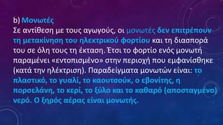 b) Μονωτές
Σε αντίθεση με τους αγωγούς, οι μονωτές δεν επιτρέπουν
τη μετακίνηση του ηλεκτρικού φορτίου και τη διασπορά
του σε όλη τους τη έκταση. Έτσι το φορτίο ενός μονωτή
παραμένει «εντοπισμένο» στην περιοχή που εμφανίσθηκε
(κατά την ηλέκτριση). Παραδείγματα μονωτών είναι: το
πλαστικό, το γυαλί, το καουτσούκ, ο εβονίτης, η
πορσελάνη, το κερί, το ξύλο και το καθαρό (αποσταγμένο)
νερό. Ο ξηρός αέρας είναι μονωτής.
 