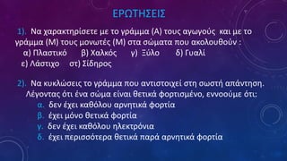 1). Να χαρακτηρίσετε με το γράμμα (Α) τους αγωγούς και με το
γράμμα (Μ) τους μονωτές (Μ) στα σώματα που ακολουθούν :
α) Πλαστικό β) Χαλκός γ) Ξύλο δ) Γυαλί
ε) Λάστιχο στ) Σίδηρος
ΕΡΩΤΗΣΕΙΣ
2). Να κυκλώσεις το γράμμα που αντιστοιχεί στη σωστή απάντηση.
Λέγοντας ότι ένα σώμα είναι θετικά φορτισμένο, εννοούμε ότι:
α. δεν έχει καθόλου αρνητικά φορτία
β. έχει μόνο θετικά φορτία
γ. δεν έχει καθόλου ηλεκτρόνια
δ. έχει περισσότερα θετικά παρά αρνητικά φορτία
 