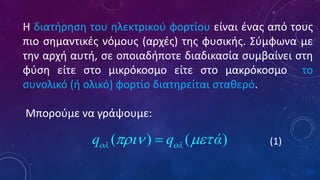 Η διατήρηση του ηλεκτρικού φορτίου είναι ένας από τους
πιο σημαντικές νόμους (αρχές) της φυσικής. Σύμφωνα με
την αρχή αυτή, σε οποιαδήποτε διαδικασία συμβαίνει στη
φύση είτε στο μικρόκοσμο είτε στο μακρόκοσμο το
συνολικό (ή ολικό) φορτίο διατηρείται σταθερό.
Μπορούμε να γράψουμε:
(1)
( ) ( )
q q ά
 
 
=
 