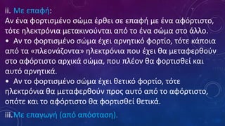 ii. Με επαφή:
Αν ένα φορτισμένο σώμα έρθει σε επαφή με ένα αφόρτιστο,
τότε ηλεκτρόνια μετακινούνται από το ένα σώμα στο άλλο.
• Αν το φορτισμένο σώμα έχει αρνητικό φορτίο, τότε κάποια
από τα «πλεονάζοντα» ηλεκτρόνια που έχει θα μεταφερθούν
στο αφόρτιστο αρχικά σώμα, που πλέον θα φορτισθεί και
αυτό αρνητικά.
• Αν το φορτισμένο σώμα έχει θετικό φορτίο, τότε
ηλεκτρόνια θα μεταφερθούν προς αυτό από το αφόρτιστο,
οπότε και το αφόρτιστο θα φορτισθεί θετικά.
iii.Με επαγωγή (από απόσταση).
 