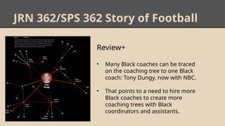 JRN 362/SPS 362 Story of Football
Review+
• Many Black coaches can be traced
on the coaching tree to one Black
coach: Tony Dungy, now with NBC.
• That points to a need to hire more
Black coaches to create more
coaching trees with Black
coordinators and assistants.
 