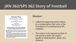 JRN 362/SPS 362 Story of Football
Review+
• Called the expected points metric,
its a computation that rests at the
foundation of contemporary NFL
analytics.
• The metric is the typical number of
net points a team can expect
based on ﬁeld position, down and
distance.
 