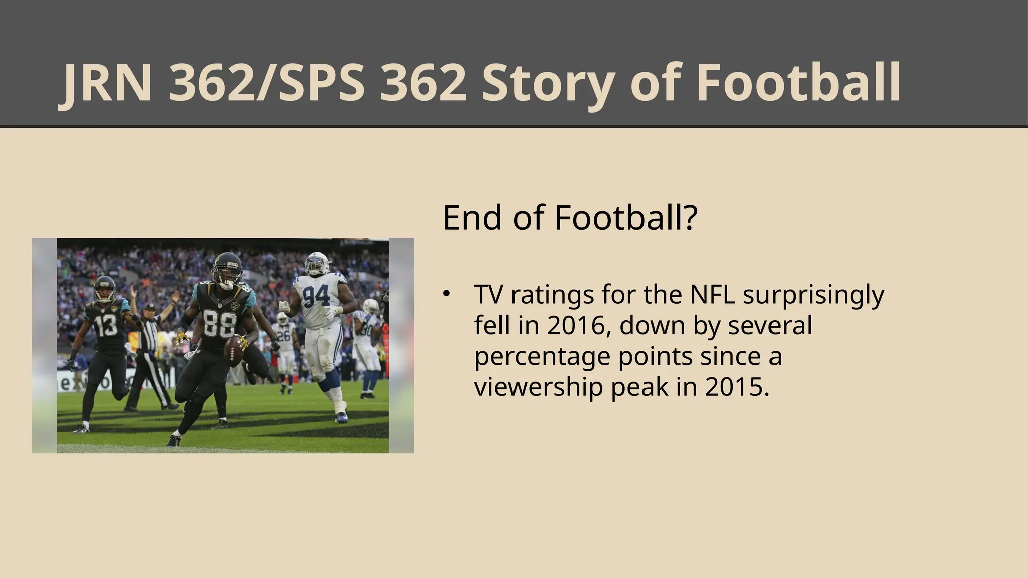 JRN 362/SPS 362 Story of Football
End of Football?
• TV ratings for the NFL surprisingly
fell in 2016, down by several
percentage points since a
viewership peak in 2015.
 