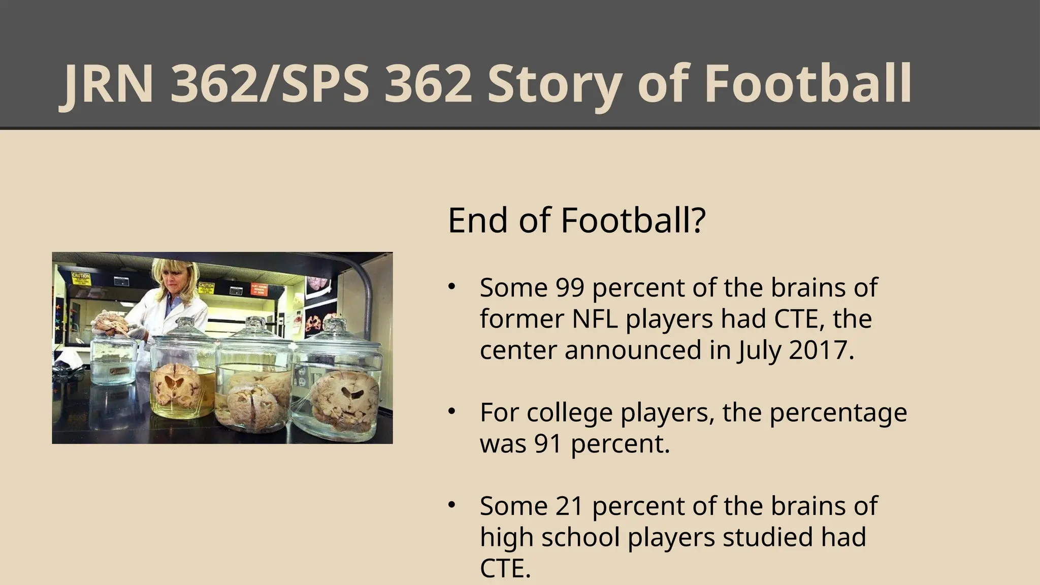 JRN 362/SPS 362 Story of Football
End of Football?
• Some 99 percent of the brains of
former NFL players had CTE, the
center announced in July 2017.
• For college players, the percentage
was 91 percent.
• Some 21 percent of the brains of
high school players studied had
CTE.
 