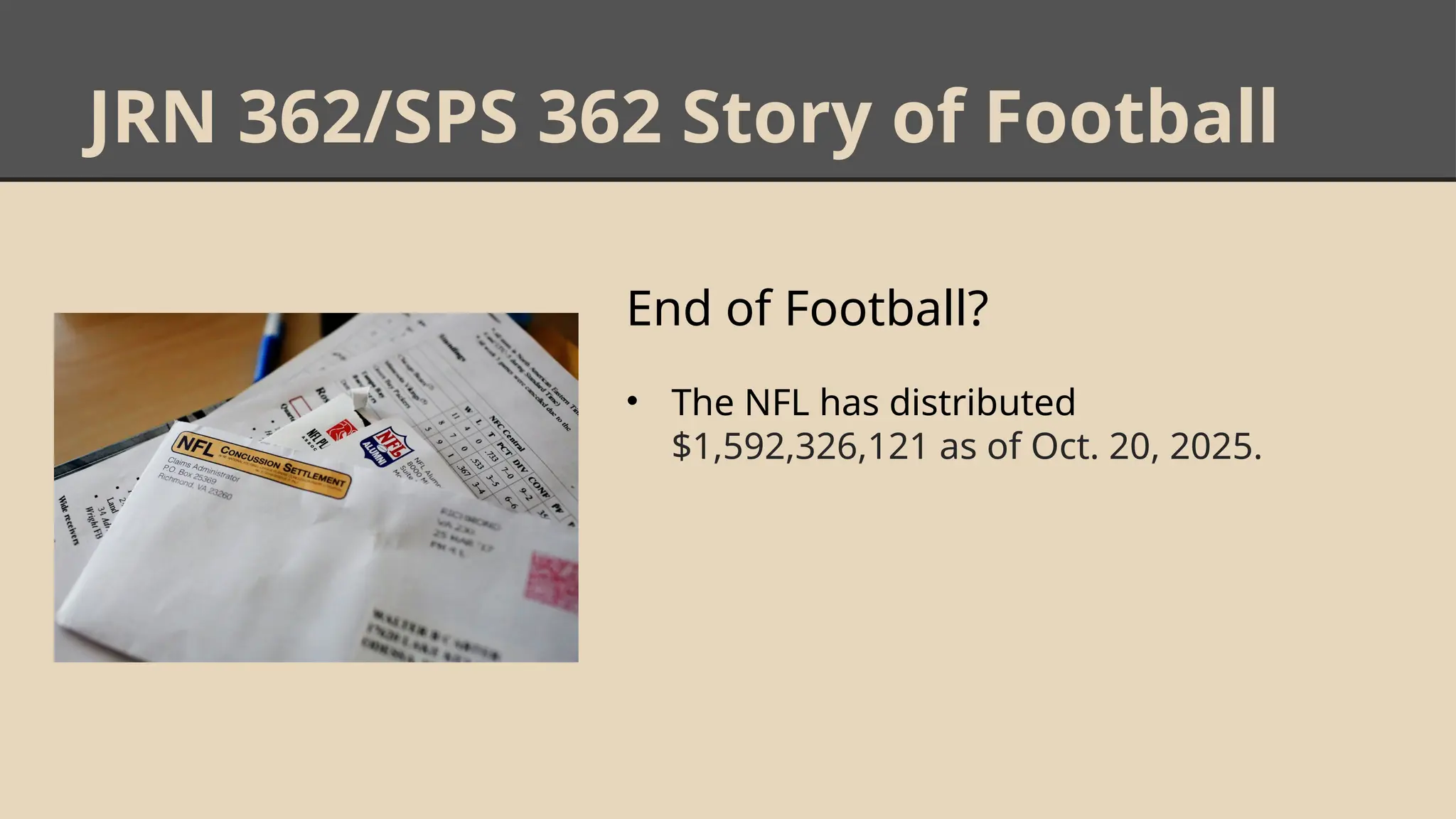 JRN 362/SPS 362 Story of Football
End of Football?
• The NFL has distributed
$1,592,326,121 as of Oct. 20, 2025.
 