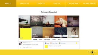 ABOUT
Company Snapshot
Company Snapshot
SERVICES CLIENTS DIGITAL ON-GROUND HUMBLEBRAG
 