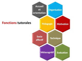 Fonctions tutorales
Accueil
et
orientation
Organisation
Pédagogie
Technique
Motivation
Socio
affectif
Métacognitif Evaluation
 
