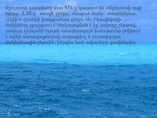 Ջրոլորտի զանգվածի մոտ 97%-ը կազմում են օվկիանոսի աղի
ջրերը, 2,2%-ը` սառցե ջրերը, մնացած մասը` ստորերկրյա,
լճերի և գետերի քաղցրահամ ջրերն են: Բիոսֆերայի
մակերեսը ջրոլորտում ներկայացված է իր ամբողջ շերտով,
սակայն կենդանի նյութի առավելագույն խտությունը ընկնում
է արևի ճառագայթներով տաքացվող և լուսավորվող
մակերեսային շերտին, ինչպես նաև ափամերձ գոտիներին:
 
