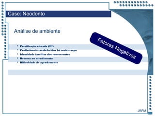 JRPM
 Precificação elevada (???)
 Profissionais estabelecidos há mais tempo
 Identidade familiar dos concorrentes
 Demora no atendimento
 Dificuldade de agendamento
Case: Neodonto
Análise de ambiente
Fatores Negativos
 