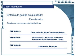 JRPM
Case: Neodonto
Sistema de gestão da qualidade:
Procedimentos
Gestão de processos administrativos:
MP 08.01 -
Controle de Não-Conformidades
MP 08.02 - Mensuração da Satisfação do Cliente e
Tratamento de Reclamações do Cliente
MP 08.03 -
Auditoria Interna
 