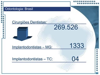 JRPM
Odontologia: Brasil
Cirurgiões Dentistas:
269.526
Implantodontistas – MG: 1333
Implantodontistas – TC: 04
 