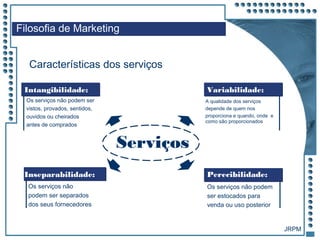 JRPM
Filosofia de Marketing
Características dos serviços
Intangibilidade:
Os serviços não podem ser
vistos, provados, sentidos,
ouvidos ou cheirados
antes de comprados
A qualidade dos serviços
depende de quem nos
proporciona e quando, onde e
como são proporcionados
Variabilidade:
Inseparabilidade:
Os serviços não
podem ser separados
dos seus fornecedores
Perecibilidade:
Os serviços não podem
ser estocados para
venda ou uso posterior
Serviços
 