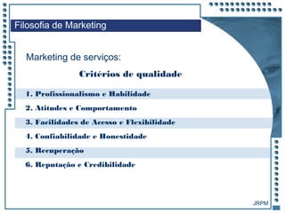 JRPM
1. Profissionalismo e Habilidade
2. Atitudes e Comportamento
3. Facilidades de Acesso e Flexibilidade
4. Confiabilidade e Honestidade
5. Recuperação
6. Reputação e Credibilidade
Filosofia de Marketing
Marketing de serviços:
Critérios de qualidade
 