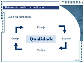 JRPM
Ciclo da qualidade
Planejar
ExecutarCorrigir
Verificar
Qualidade
Sistema de gestão da qualidade
 