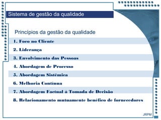 JRPM
Princípios da gestão da qualidade
1. Foco no Cliente
2. Liderança
3. Envolvimento das Pessoas
4. Abordagem de Processo
5. Abordagem Sistêmica
6. Melhoria Contínua
7. Abordagem Factual à Tomada de Decisão
8. Relacionamento mutuamente benéfico de fornecedores
Sistema de gestão da qualidade
 