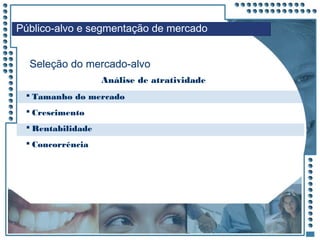 JRPM
Análise de atratividade
Público-alvo e segmentação de mercado
Seleção do mercado-alvo
 Tamanho do mercado
 Crescimento
 Rentabilidade
 Concorrência
 