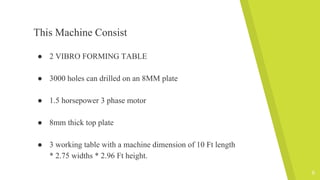 This Machine Consist
● 2 VIBRO FORMING TABLE
● 3000 holes can drilled on an 8MM plate
● 1.5 horsepower 3 phase motor
● 8mm thick top plate
● 3 working table with a machine dimension of 10 Ft length
* 2.75 widths * 2.96 Ft height.
8
 