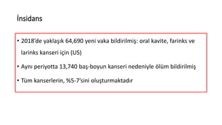 İnsidans
• 2018’de yaklaşık 64,690 yeni vaka bildirilmiş: oral kavite, farinks ve
larinks kanseri için (US)
• Aynı periyot...
