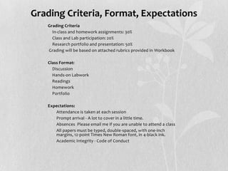 Grading Criteria, Format, Expectations
Grading Criteria
• In-class and homework assignments: 30%
• Class and Lab participa...
