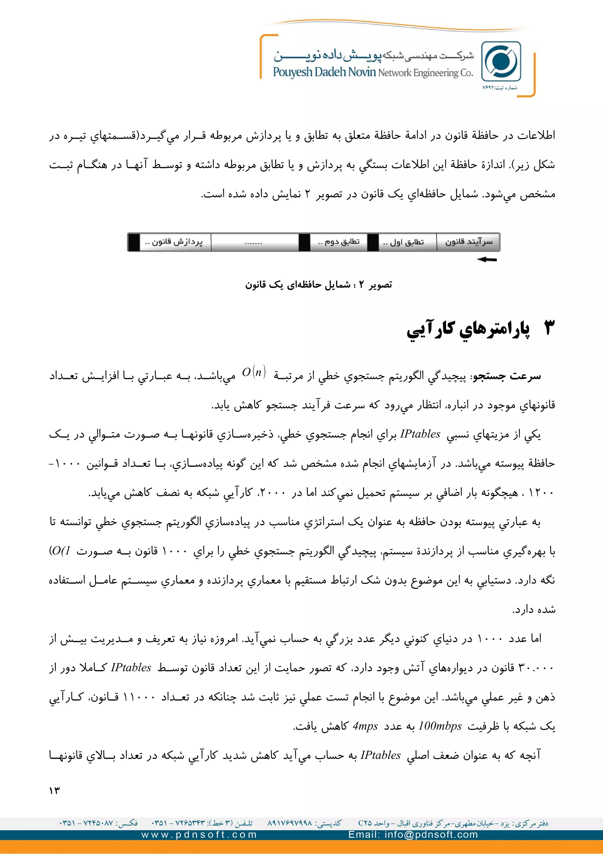 ‫در‬ ‫ره‬II‫تی‬ ‫متهاي‬II‫رد)قس‬II‫گی‬‫مي‬ ‫رار‬II‫ق‬ ‫مربوطه‬ ‫پردازش‬ ‫يا‬ ‫و‬ ‫تطابق‬ ‫به‬ ‫متعلق‬ ‫حافظة‬ ‫ادامة‬ ‫در‬ ‫قانون‬ ‫حافظة‬ ‫در‬ ‫اطلعات‬
‫ت‬II‫ثب‬ ‫ام‬II‫هنگ‬ ‫در‬ ‫ا‬II‫آنه‬ ‫ط‬II‫توس‬ ‫و‬ ‫داشته‬ ‫مربوطه‬ ‫تطابق‬ ‫يا‬ ‫و‬ ‫پردازش‬ ‫به‬ ‫بستگي‬ ‫اطلعات‬ ‫اين‬ ‫حافظة‬ ‫اندازة‬ .(‫زير‬ ‫شکل‬
‫تصوير‬ ‫در‬ ‫قانون‬ ‫يک‬ ‫اي‬‫حافظه‬ ‫شمايل‬ .‫شود‬‫مي‬ ‫مشخص‬۲.‫است‬ ‫شده‬ ‫داده‬ ‫نمايش‬
۳‫کارآيي‬ ‫پارامترهاي‬
‫جستجو‬ ‫سرعت‬‫ة‬II‫مرتب‬ ‫از‬ ‫خطي‬ ‫جستجوي‬ ‫الگوريتم‬ ‫پیچیدگي‬ :O n‫داد‬II‫تع‬ ‫ش‬II‫افزاي‬ ‫ا‬II‫ب‬ ‫ارتي‬II‫عب‬ ‫ه‬II‫ب‬ ،‫د‬II‫باش‬‫مي‬
.‫يابد‬ ‫کاهش‬ ‫جستجو‬ ‫فرآيند‬ ‫سرعت‬ ‫که‬ ‫رود‬‫مي‬ ‫انتظار‬ ،‫انباره‬ ‫در‬ ‫موجود‬ ‫قانونهاي‬
‫نسبي‬ ‫مزيتهاي‬ ‫از‬ ‫يکي‬IPtables‫ک‬II‫ي‬ ‫در‬ ‫والي‬II‫مت‬ ‫ورت‬II‫ص‬ ‫ه‬II‫ب‬ ‫ا‬II‫قانونه‬ ‫ازي‬II‫س‬‫ذخیره‬ ،‫خطي‬ ‫جستجوي‬ ‫انجام‬ ‫براي‬
‫وانین‬II‫ق‬ ‫داد‬II‫تع‬ ‫ا‬II‫ب‬ ،‫ازي‬II‫س‬‫پیاده‬ ‫گونه‬ ‫اين‬ ‫که‬ ‫شد‬ ‫مشخص‬ ‫شده‬ ‫انجام‬ ‫آزمايشهاي‬ ‫در‬ .‫باشد‬‫مي‬ ‫پیوسته‬ ‫حافظة‬۱۰۰۰-
۱۲۰۰‫در‬ ‫اما‬ ‫کند‬‫نمي‬ ‫تحمیل‬ ‫سیستم‬ ‫بر‬ ‫اضافي‬ ‫بار‬ ‫هیچگونه‬ ،۲۰۰۰.‫يابد‬‫مي‬ ‫کاهش‬ ‫نصف‬ ‫به‬ ‫شبکه‬ ‫کارآيي‬ ،
‫تا‬ ‫توانسته‬ ‫خطي‬ ‫جستجوي‬ ‫الگوريتم‬ ‫سازي‬‫پیاده‬ ‫در‬ ‫مناسب‬ ‫استراتژي‬ ‫يک‬ ‫عنوان‬ ‫به‬ ‫حافظه‬ ‫بودن‬ ‫پیوسته‬ ‫عبارتي‬ ‫به‬
‫براي‬ ‫را‬ ‫خطي‬ ‫جستجوي‬ ‫الگوريتم‬ ‫پیچیدگي‬ ،‫سیستم‬ ‫پردازندة‬ ‫از‬ ‫مناسب‬ ‫گیري‬‫بهره‬ ‫با‬۱۰۰۰‫ورت‬II‫ص‬ ‫ه‬II‫ب‬ ‫قانون‬O(1(
‫تفاده‬II‫اس‬ ‫ل‬II‫عام‬ ‫تم‬II‫سیس‬ ‫معماري‬ ‫و‬ ‫پردازنده‬ ‫معماري‬ ‫با‬ ‫مستقیم‬ ‫ارتباط‬ ‫شک‬ ‫بدون‬ ‫موضوع‬ ‫اين‬ ‫به‬ ‫دستیابي‬ .‫دارد‬ ‫نگه‬
.‫دارد‬ ‫شده‬
‫عدد‬ ‫اما‬۱۰۰۰‫از‬ ‫ش‬II‫بی‬ ‫ديريت‬II‫م‬ ‫و‬ ‫تعريف‬ ‫به‬ ‫نیاز‬ ‫امروزه‬ .‫آيد‬‫نمي‬ ‫حساب‬ ‫به‬ ‫بزرگي‬ ‫عدد‬ ‫ديگر‬ ‫کنوني‬ ‫دنیاي‬ ‫در‬
۳۰.۰۰۰‫ط‬II‫توس‬ ‫قانون‬ ‫تعداد‬ ‫اين‬ ‫از‬ ‫حمايت‬ ‫تصور‬ ‫که‬ ،‫دارد‬ ‫وجود‬ ‫آتش‬ ‫هاي‬‫ديواره‬ ‫در‬ ‫قانون‬IPtables‫از‬ ‫دور‬ ‫امل‬II‫ک‬
‫داد‬II‫تع‬ ‫در‬ ‫چنانکه‬ ‫شد‬ ‫ثابت‬ ‫نیز‬ ‫عملي‬ ‫تست‬ ‫انجام‬ ‫با‬ ‫موضوع‬ ‫اين‬ .‫باشد‬‫مي‬ ‫عملي‬ ‫غیر‬ ‫و‬ ‫ذهن‬۱۱۰۰۰‫ارآيي‬II‫ک‬ ،‫انون‬II‫ق‬
‫ظرفیت‬ ‫با‬ ‫شبکه‬ ‫يک‬100mbps‫عدد‬ ‫به‬4mps.‫يافت‬ ‫کاهش‬
‫اصلي‬ ‫ضعف‬ ‫عنوان‬ ‫به‬ ‫که‬ ‫آنچه‬IPtables‫ا‬II‫قانونه‬ ‫الي‬II‫ب‬ ‫تعداد‬ ‫در‬ ‫شبکه‬ ‫کارآيي‬ ‫شديد‬ ‫کاهش‬ ‫آيد‬‫مي‬ ‫حساب‬ ‫به‬
۱۳
‫تصویر‬۲‫قانون‬ ‫یک‬ ‫ای‬‫حافظه‬ ‫شمایل‬ :
 