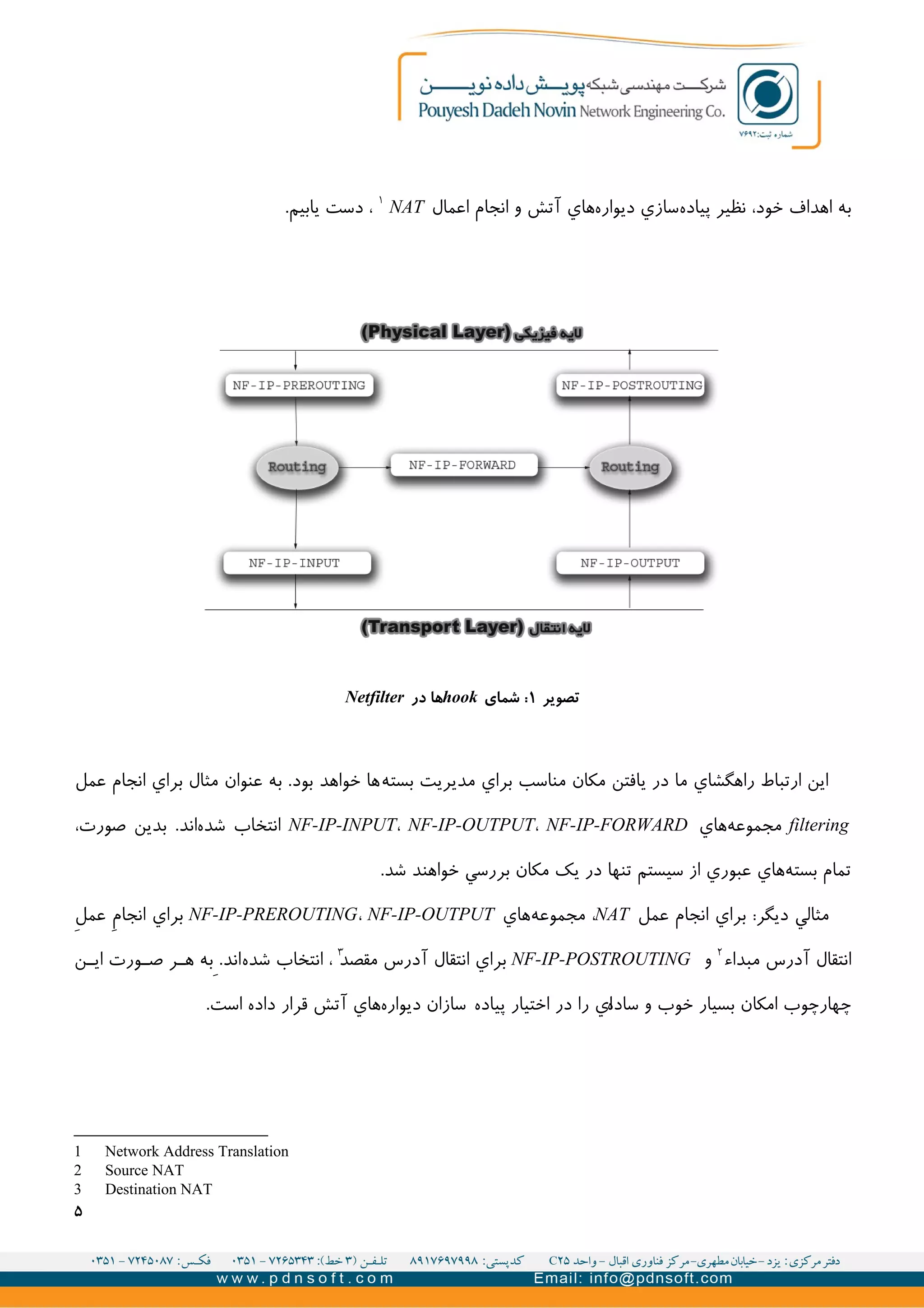 ‫پیاده‬ ‫نظیر‬ ،‫خود‬ ‫اهداف‬ ‫به‬‫اعمال‬ ‫انجام‬ ‫و‬ ‫آتش‬ ‫هاي‬‫ديواره‬ ‫سازي‬NAT
۱
.‫يابیم‬ ‫دست‬ ،
‫بسته‬ ‫مديريت‬ ‫براي‬ ‫مناسب‬ ‫مکان‬ ‫يافتن‬ ‫در‬ ‫ما‬ ‫راهگشاي‬ ‫ارتباط‬ ‫اين‬‫عمل‬ ‫انجام‬ ‫براي‬ ‫مثال‬ ‫عنوان‬ ‫به‬ .‫بود‬ ‫خواهد‬ ‫ها‬
filtering‫هاي‬‫مجموعه‬NF-IP-INPUT، NF-IP-OUTPUT، NF-IP-FORWARD،‫صورت‬ ‫بدين‬ .‫اند‬‫شده‬ ‫انتخاب‬
.‫شد‬ ‫خواهند‬ ‫بررسي‬ ‫مکان‬ ‫يک‬ ‫در‬ ‫تنها‬ ‫سیستم‬ ‫از‬ ‫عبوري‬ ‫هاي‬‫بسته‬ ‫تمام‬
‫عمل‬ ‫انجام‬ ‫براي‬ :‫ديگر‬ ‫مثالي‬NAT‫مجموعه‬ ،‫هاي‬NF-IP-PREROUTING، NF-IP-OUTPUTV‫ل‬‫عم‬ V‫م‬‫انجا‬ ‫براي‬
‫مبداء‬ ‫آدرس‬ ‫انتقال‬۲
‫و‬NF-IP-POSTROUTING‫مقصد‬ ‫آدرس‬ ‫انتقال‬ ‫براي‬۳
‫شده‬ ‫انتخاب‬ ،‫ن‬I‫اي‬ ‫ورت‬I‫ص‬ ‫ر‬I‫ه‬ ‫به‬V.‫اند‬
‫ساده‬ ‫و‬ ‫خوب‬ ‫بسیار‬ ‫امکان‬ ‫چهارچوب‬‫پیاده‬ ‫اختیار‬ ‫در‬ ‫را‬ ‫اي‬.‫است‬ ‫داده‬ ‫قرار‬ ‫آتش‬ ‫هاي‬‫ديواره‬ ‫سازان‬
1 Network Address Translation
2 Source NAT
3 Destination NAT
۵
‫تصویر‬۱‫شمای‬ :hook‫در‬ ‫ها‬Netfilter
 